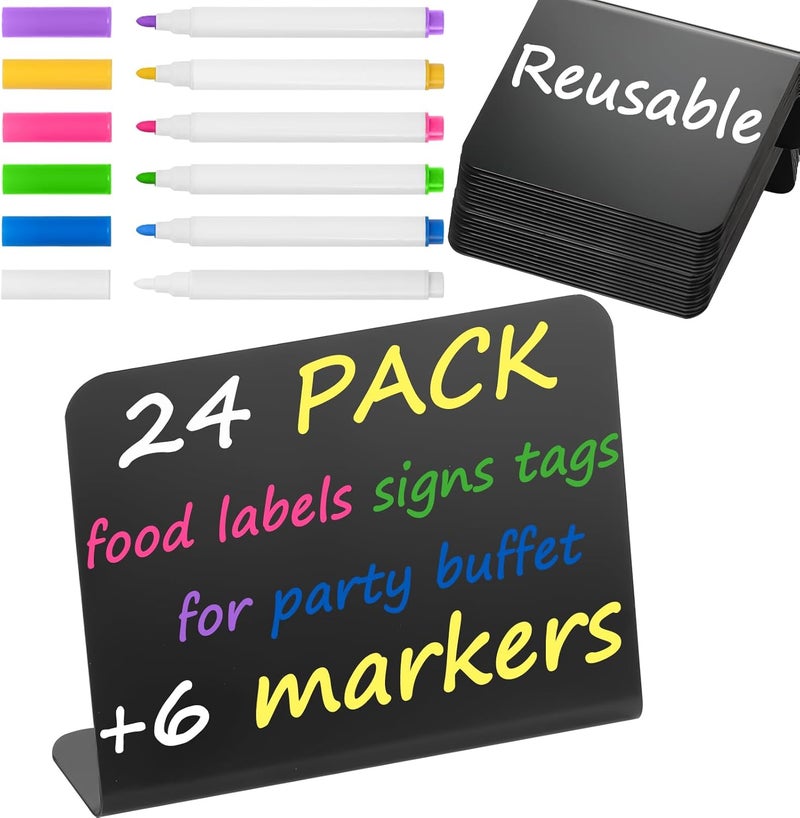 Herda 24 PCS Food Labels for Party Buffet 4"x3" Mini Chalkboard Signs for Birthday Bakery Place Cards Name Cards Food Tags for Wedding Table Signs Chalkboard Labels Includes 6 Wet Erase Markers - Image 1